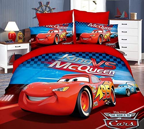 CAIRO Polycotton Kids Cartoon Bedsheet for Double Bed with 2 Pillow Covers, Cars McQueen Print, Loose PVC Pack