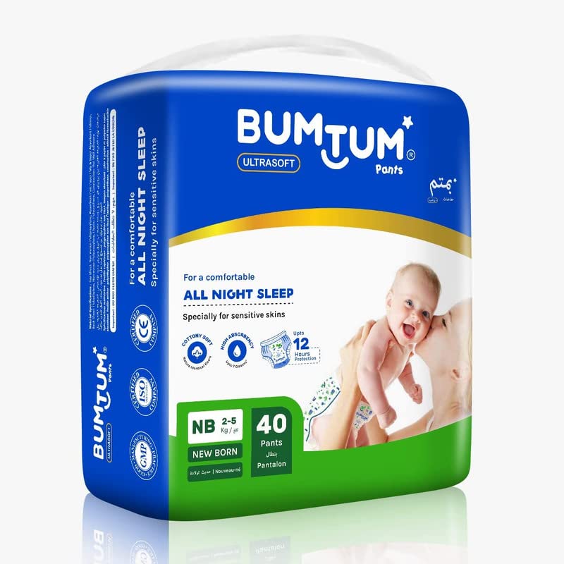 Bumtum Baby Diaper Pants, New Born, 40 Count, Double Layer Leakage Protection Infused With Aloe Vera, Cottony Soft High Absorb Technology