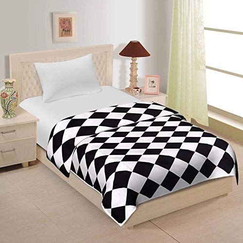 KUSH Check Printed Single Bed Reversible Cotton Ac Dohar Blanket Lightweight Quilt /Duvet (Black And White), 200 TC