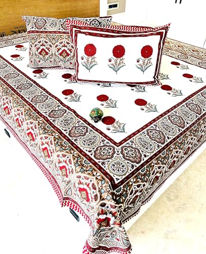 Jaipuri Pure Cotton King Size Double bedsheet with Two Pillow Covers and Floral Designs