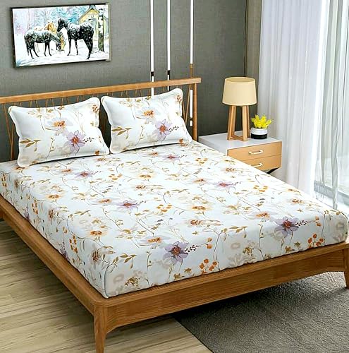 Lacoza''Cotton Feel Glace Cotton Elastic Fitted Printed King Double Bed Bedsheet with 2 Pillow Cover Fits Upto 8 Inches Mattress,Size- 72X78X8 Inches,White Purple Flowers,300 TC