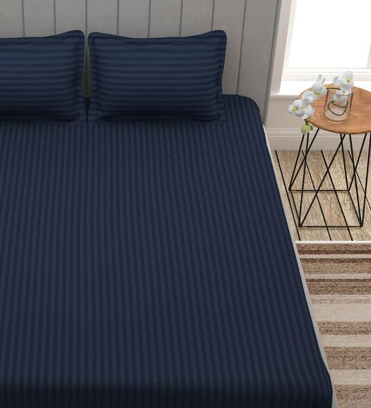 Cool Dealzz Linen 100% Cotton 300tc King Size Blue Colour Stripe Double Bed bedsheet with 2 Pillow Cover,Size:95x95 King Size Bed