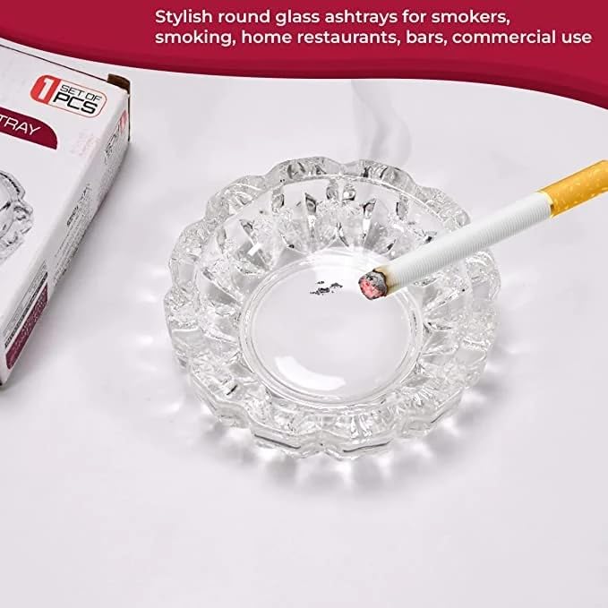 Ashritha Ashtray, 1 Round Glass Ash Tray, Stylish Modern Clear Glass Ashtray for Smoking, Home, Car