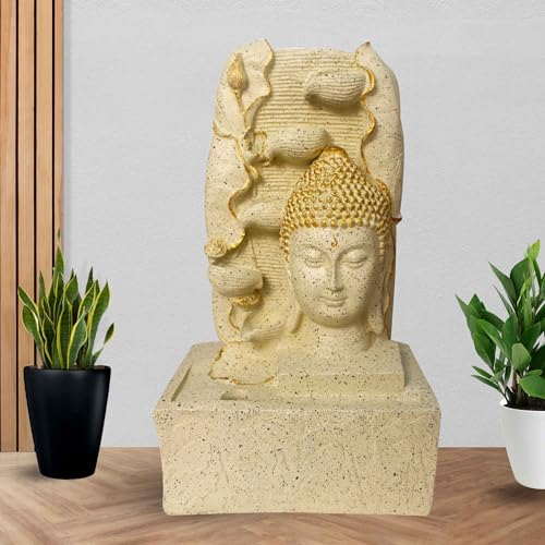 Art N Hub Lord Buddha Face Home Decorative Water Fountain Best Home and Office Inauguration Gift Items | Built (30 x 20 x 53 CM | Ivory Dotted& Golden)