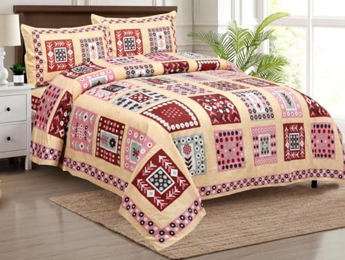 House of SR Retails Pure Cotton Super King Size Bedsheet 100x108 inch - Traditional Design, Durable & Washable - Premium Look with Red Cream Bright Colour