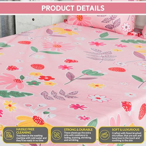 Heart Home Cotton Fitted Bedsheets For Double Bed With 2 Pillow Covers Included - Elastic Design Bedspread With 72x78 Inch Size - Pink