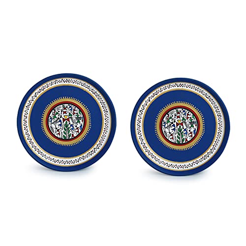 ExclusiveLane 'The Warli Tales' Handpainted Terracotta Decorative Wall Plates Decor Hanging Wall (8 inch, Set of 2, Blue)