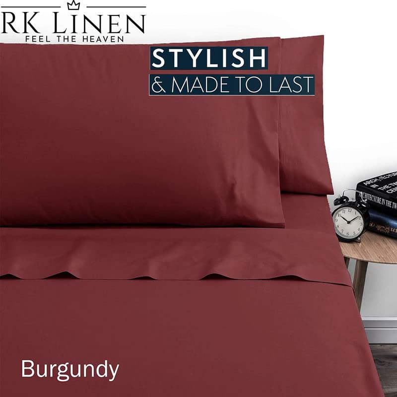 RK LINEN Egyptian Cotton 550 Thread Count 4 Pieces Breathable |Luxurious |Ultra Soft| Sateen Weave 1 Flat + 1 Fitted (Up to 12" Deep) + 2 Pillow Bedsheet Set|| Queen Size,Burgundy Solid