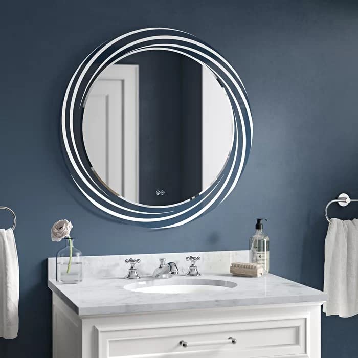 BUNGALOW MERCER Modern Round Mirror for Wall, Bathroom Vanity Mirror, Wall-Mounted Mirror, Dimmable Lights 6000k light white Makeup Mirror | Round (28x28)