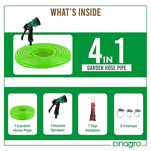 Cinagro 10 Meter Heavy Duty PVC Garden Hose Pipe with 8 Mode Spray Gun, Tap Adapter & 3 Clamps, Lightweight, Durable & Flexible, Water Pipe for Garden, Garden Pipe (32.8 feet, 1/2 inch, Light Green)