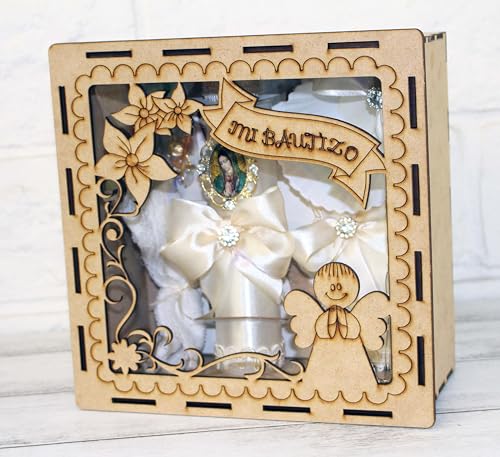 Beautiful 5pc Our Lady Guadalupe Charm Rhinestone Bling Mi Bautizo Wood Baptism Box Gift Set Rosary Candle Communion Espanol Nina Nino Favor Bible Holy Communion Confirmation Shell