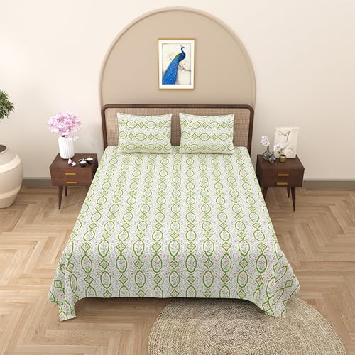 WestNic® 400 TC Super King Size 3 Piece Flat Bedsheet Set for Double Bed with 2 Standard Pillow Covers with Zipper, Jaipuri Prints Cotton | Size: 108 X 108 Inches (Lemon Green)