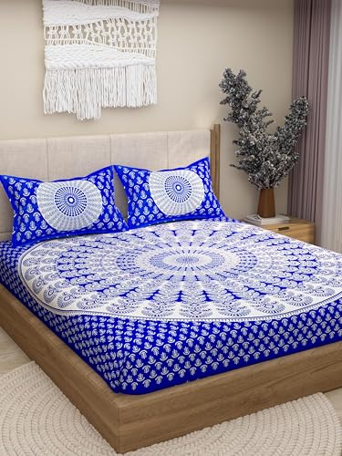 DWARDROBE Bedsheet Cotton for Double Bed, with Matching 2 Pillow Covers, Floral Printed Double Bedsheet, 160 TC, Breathable and Wrinkle Free Soft Bedsheet (90x100Inches) (Blue)