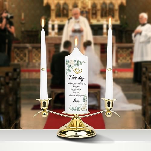 3 Unity Floral Candles for Wedding Ceremony Set with Perfect Golden Candle Holder, Fit for White Taper Pillar Candles, Religious Wedding Anniversary Big Events Gifts for Couple