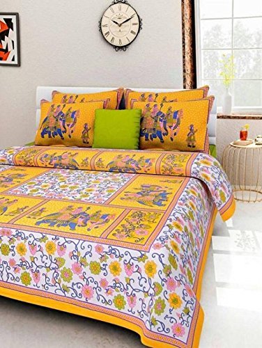 Ealth Kart Cotton Rajasthani Jaipuri Floral Bedsheets Combo Set of 2 Double Bedsheets with 4 Pillow Covers - (King Size, Multicolour)