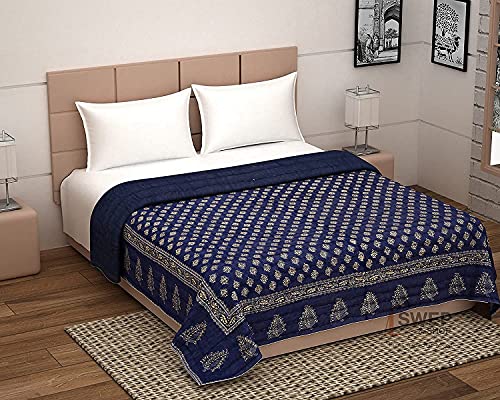 HOPEE Shop 400 TC Pure Cotton Fabric/Filling Rajasthani Traditional Designs Printed Light Weight Jaipuri Double Bed Quilt/Razai/Rajai - Blue (85X100 INCHES