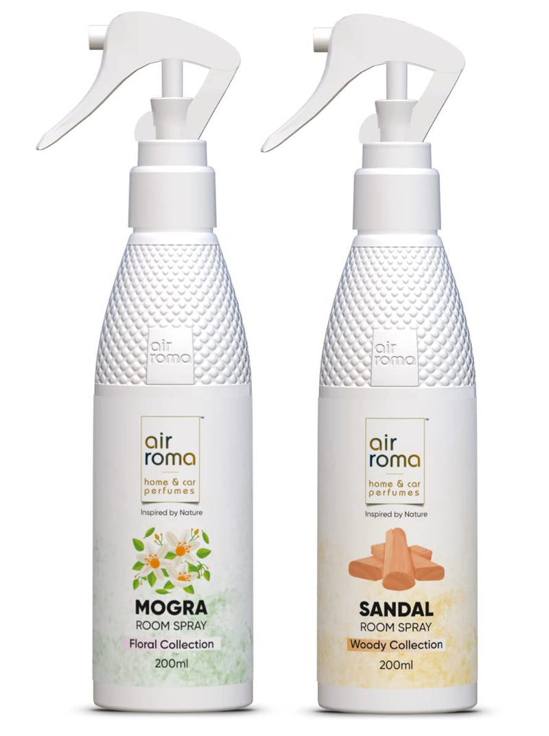 AIR-ROMA Combo Pack Air Freshener, Magic Mogra & Sweet Sandal, Long- Lasting Odour Eliminator, For Home & Office Use, Combo Pack Of 2, 200Ml Each - Liquid