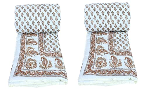 SIBLEY Cotton Jaipuri Light Weight Traditional Rajasthani Print Single Bed Quilt/Razai/Rajai (Design 3, Single Bed - Set of 2 - Off White)