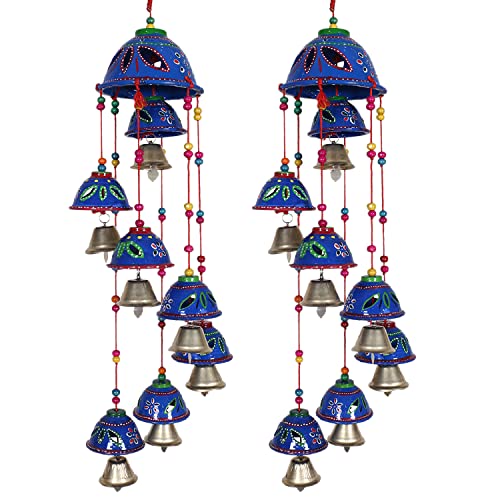 Urbane Home Rajasthani Design Handcrafted Hanging Windchimes|Latkan With 8 Bells for Home Décor & Positive Energy,Pack of 2 (Blue)