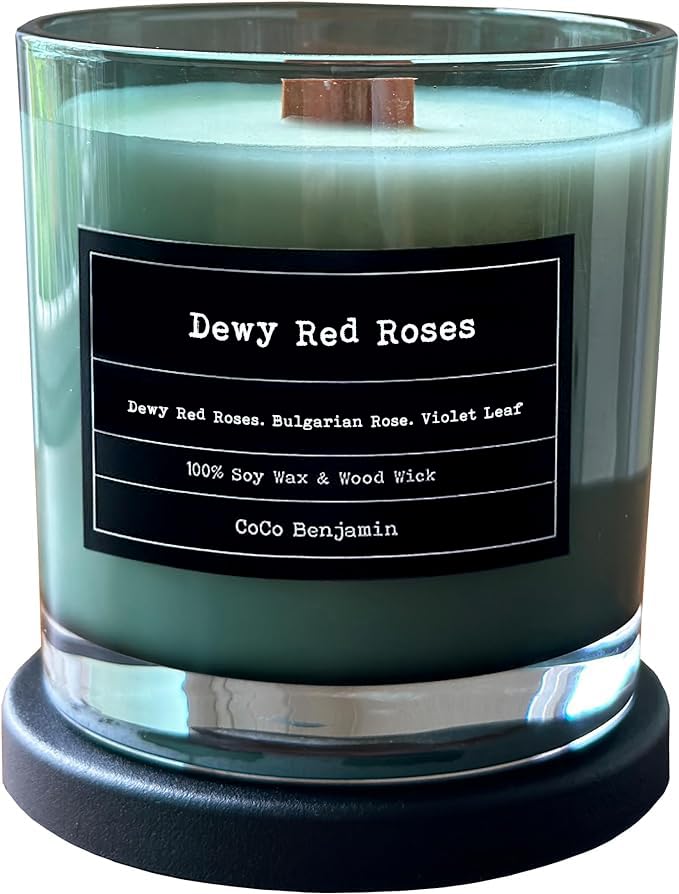 Wooden Wick, 100% Soy, Highly Scented, Hand Poured, 8 oz (Dewy Red Roses)