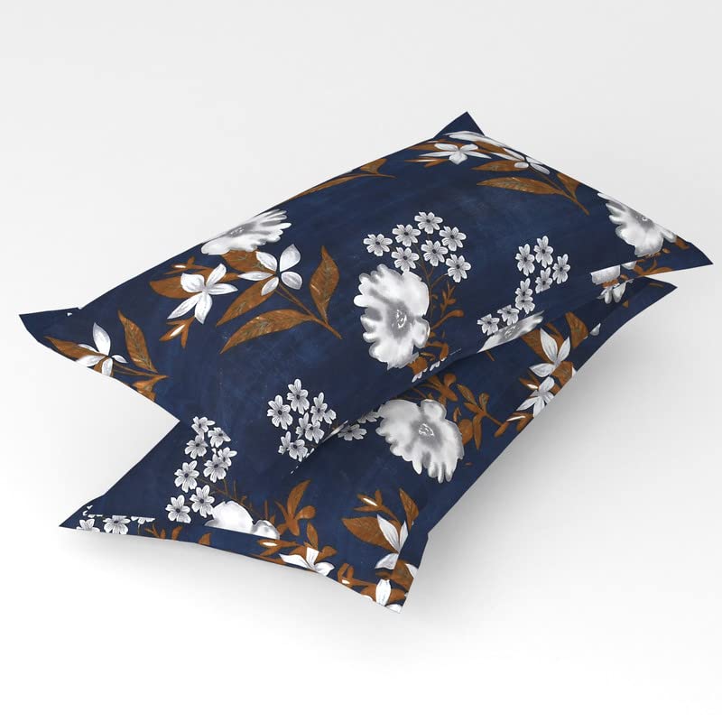 BSB HOME 120 TC Double Abstract Floral Bedsheet with 2 Pillow Covers | 110 GSM Soft Brushed Microfiber - Breathable & Wrinkle Free - (86 X 88 Inch, Dark Blue & Beige & Brown)