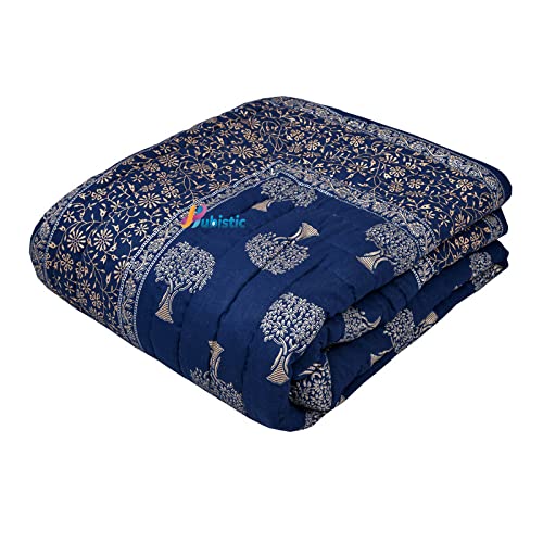 WOODSY Jaipuri Razai Rajasthani Traditional Soft Light Weight Pure Cotton Winter and Summer Rajai Ac Quilt Razai/Rajai/Quilt/Blanket/Dohar/Comforter (Double Bed, Blue Tree Golden)