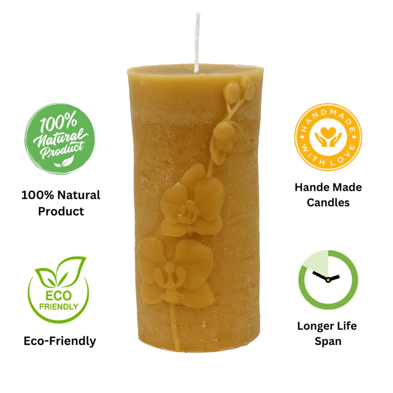 ANP BEE® 100% Natural Beeswax Pillar Candle with Flower Texture I Hand Made, Smokeless, Unscented I Candles for Home Decor I 25 Hrs Burn Time I 2.5 x 5.5 Inch Golden Yellow (Pack of 2)