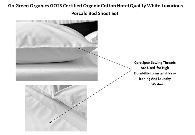 GO GREEN ORGANICS Organic Cotton Crisp Percale Bed Sheet Set - Luxury Hotel Quality - GOTS Certified - White - Deep Pocket - Easy Care - King