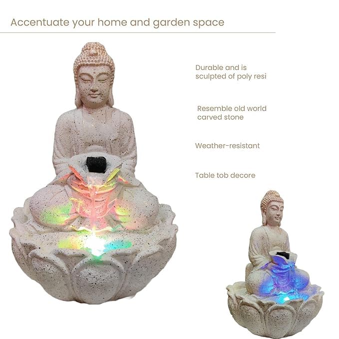 AYUZ Collections Presents Lotus Buddha Water Fountain Tranquil Water Feature with Led Lights,Tabletop Water Fountain for Home, Office, Living Room Decor (White) 14 Inches