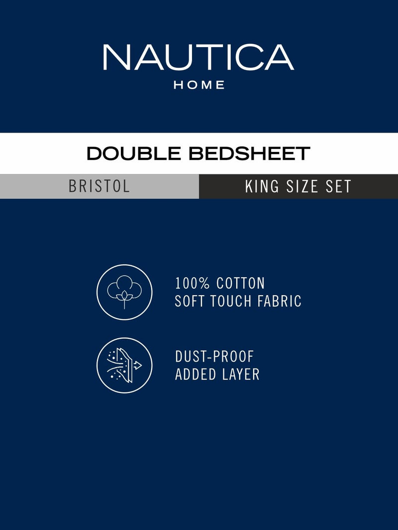 Nautica Super Soft 100% Cotton King Bedsheet and 2 Pillow Covers -3pc Set (Bristol) Stripe-Grey