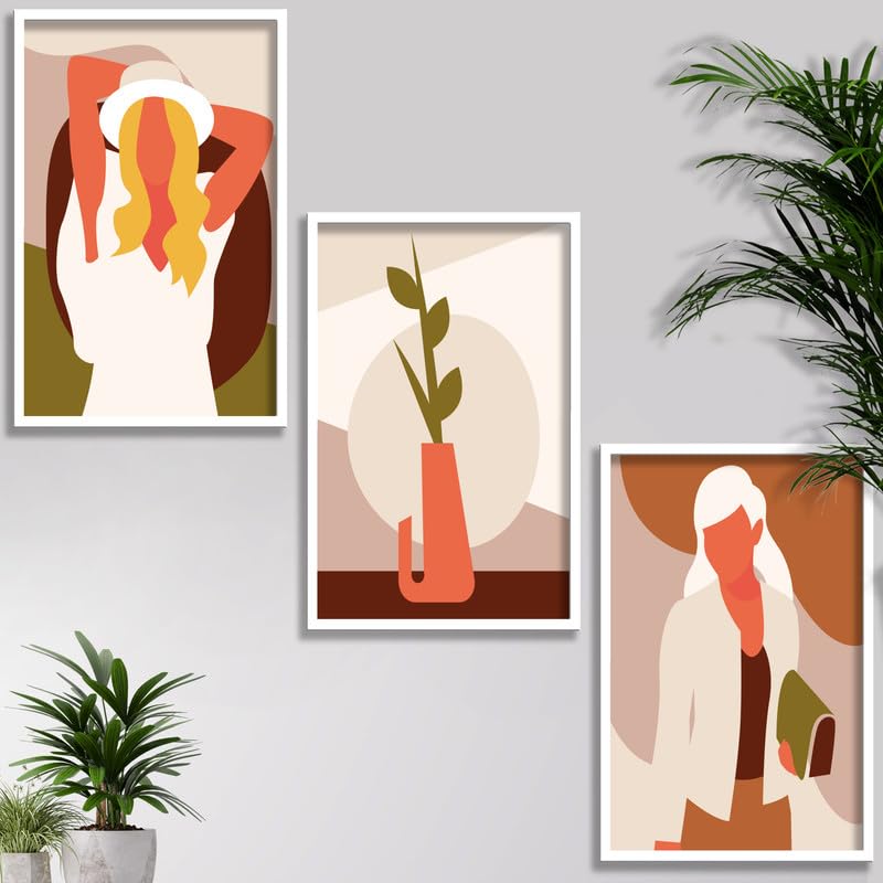 SAF paintings Set of 3 Abstract ladies Boho modern art design Premium white Framed Bohemian wall painting for for Wall, Home and Living Room Decoration 80 cms x 34.29 cms COMBO-2226-K3