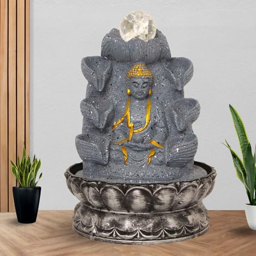 Art N Hub Meditating Buddha Tabletop Waterfall Fountain Decorative Gift Items for Home with Crystall Ball LED Light Also Good for Home Inauguration Gift (20 x 20 x 29 CM | Dotted Grey Golden)