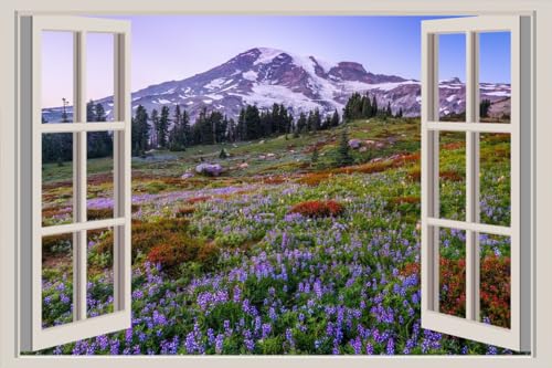 JVERF - JZZA32528 USA Parks Mountains Lupinus Mount Rainier National| Self-Adhesive Open Window Wall Sticker