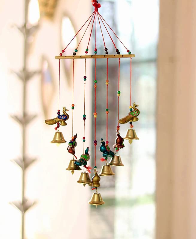 Aarushi� Rajasthani Wood Based Hand Made Wind Chime Peacock with Bells for Home|Office|Garden|Decoration Door|Wall Hanging -Set of 3