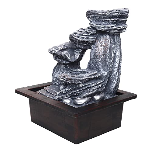 VIVARS Tabletop Water Fountain, Environmental Resin Meditation Fountain, Desktop 4-Tier Fountain, Indoor Waterfall Feature with Light for Home Office Decor Relaxation (Waterfall-1) Grey