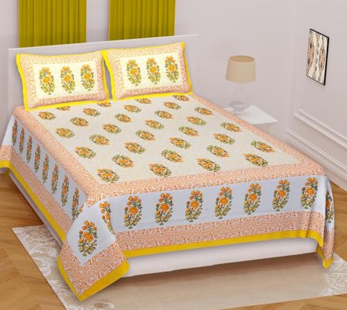 The Youth Spirit Cotton Double Bedsheet with 2 Pillow Cover Jaipuri Printed Bedsheet, Yellow White Flower