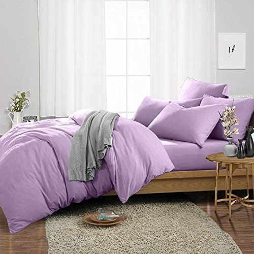 Luxurious & Super Soft 5 Piece Bedsheet Set- 100% Cotton Hotel Luxury Bedding- Flat Sheet, Fitted Sheet, Zipper Duvet Cover & 2 Pillow Cover- 400TC Bedding Set-Lavender Solid Double Size