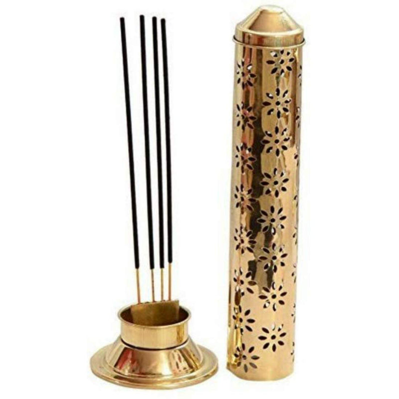 Antique Collection Floral Brass Agarbatti Stand with Ash Catcher,Set of 1 (8 L* 8 B* 26.5H cm)(Cylindrical)