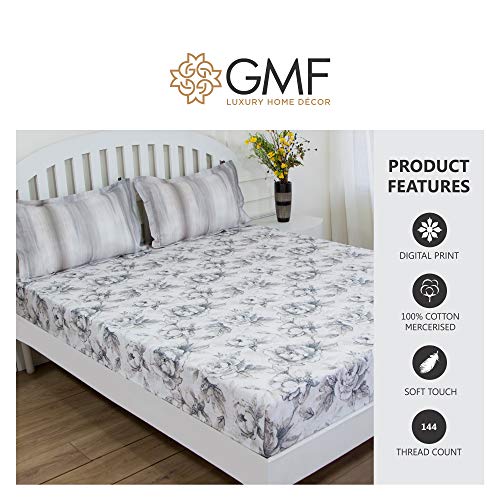 GM 100% Cotton Queen Size Bedsheet for Double Bed | 144 TC Digital Printed Cotton Bed Sheet (90 X 100 Inches) with 2 Pillow Cover | Breathable Natural Soft and Light-Weight for Home & Living | Grey