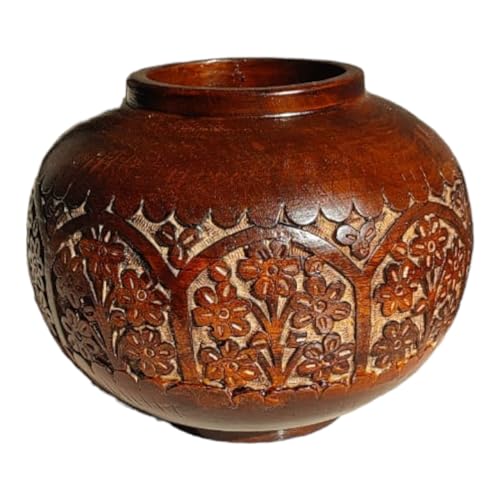 Taksha Decors Carved Wooden Vase | Traditional Indian Matka | Home Decor | Garden Decor | Teak Wood | Flower Vase | Carved Wood | 12 inches