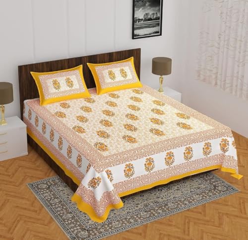 Cotton Double Bedsheet Set with 2 Pillow Covers, Jaipuri Printed, 90x100 cm, Yellow