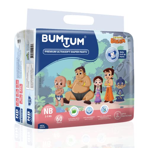 Bumtum Chota Bheem New Born Baby Diaper Pants, 60 Count, Leakage Protection Infused With Aloe Vera, Cottony Soft High Absorb Technology (Pack of 1)