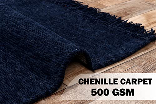 VAS COLLECTIONS Premium Chenille Carpet | 500 GSM Velvet Carpet/Area Rug/Durries with Fine Gold Yarn for Living Room, Bedroom, Runner| Blue, 150x210 cm or 5x7 ft