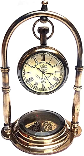 Table Clock Brass Desk Clock Maritime Brass Compass with Antique Victoria Hanging London-1876 Watch by ASI NAUTICAL