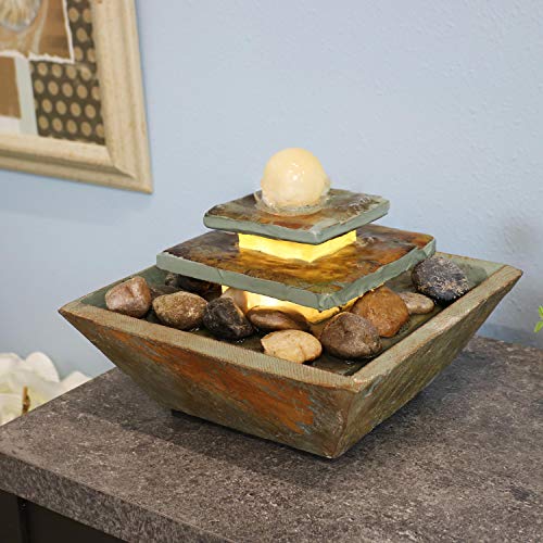 Sunnydaze 8-Inch Ascending Slate Tiered Waterfall Fountain - Built-in LED Light Provides Ambient Lighting - Perfect Size for Desktop or Bedroom - Indoor Relaxation - Electric Square Water Feature