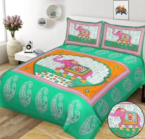 SOMYA Green-Elephant-Jaipuri-Bedsheet190 TC Cotton Double Printed Flat Bedsheet (Pack of 1, Multicolor) SOMYA GEMS