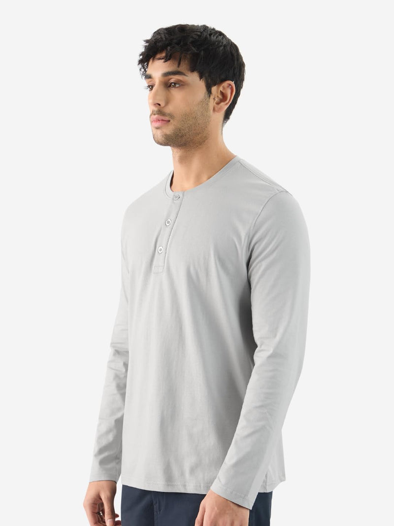 The Souled Store Solids: Light Grey Men and Boys Long Sleeve Regular Fit Cotton Henley T-Shirts