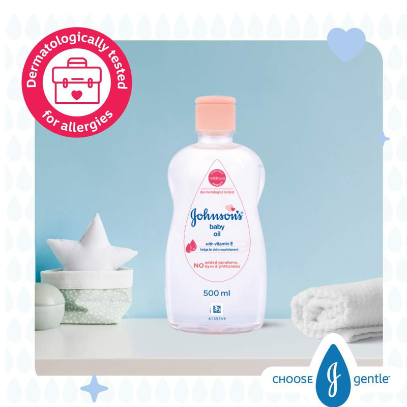 Johnson's Non-Sticky Baby Oil with Vitamin E for Easy Spread and Massage (Clear, 500ml)