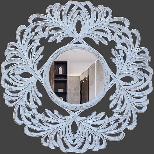 SHAN HANDICRAFTS Hand Carved Round Wooden Mirror Frame for Wall Décoration of Living Room, Bedroom, Bathroom, Hallway, Office etc. MDF 24x1x24 inch