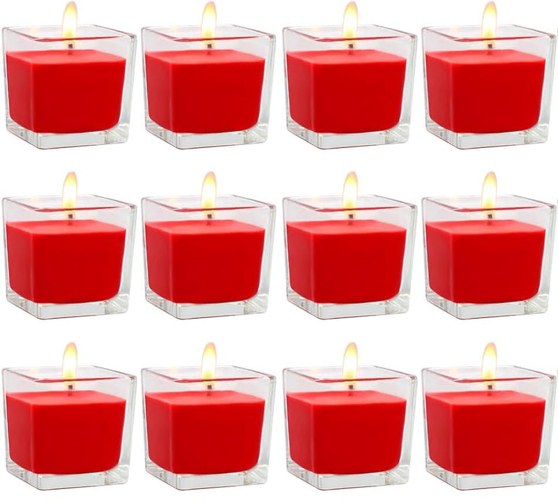 AAMU Moon 12 Pack Red Scented Votive Candles in Clear Square Glass Jar - 10 Hour Burning Time - Perfect for Wedding, Receptions, Diwali, Christmas, Party Favours & Special Events (Neem)